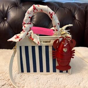 Betsey Johnson NWT Navy and Cream Striped Satchel with Red Lobster Charm
